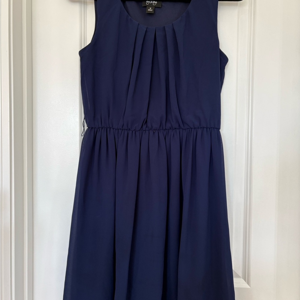 by & by Teen Girl Medium Navy Sleeveless Pleated A-Line Short Dress Scoop Neck